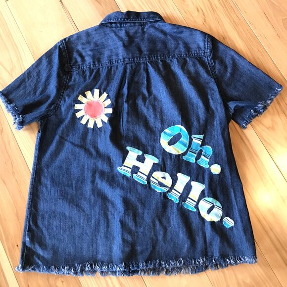 Women's Applique Denim Shirt, Size M: Upcycled Lightweight Button-Down, Oh Hello - Picture 3 of 8